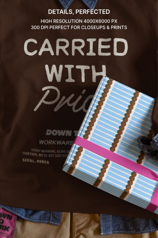 Brown tee with blue striped pouch mockup, text overlay