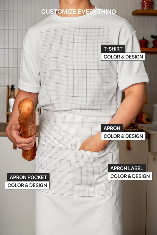 White t-shirt with grid print mockup showing customizable shirt, apron, pocket label areas