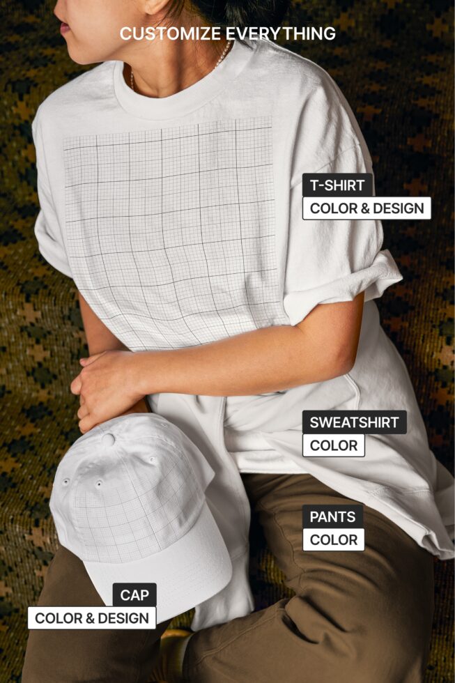 Person wearing white tee with customizable grid overlay for design placement mockup
