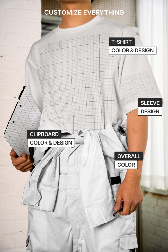 White tee mockup showing customizable shirt, sleeves, clipboard design areas