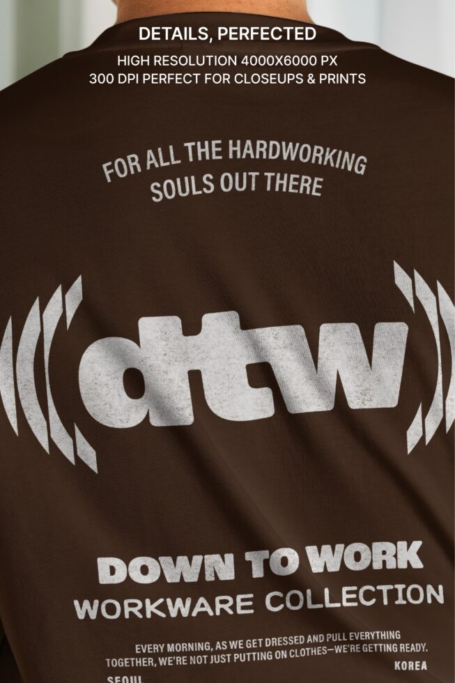 Brown tee closeup showing claw logo details with Down To Work workware collection text