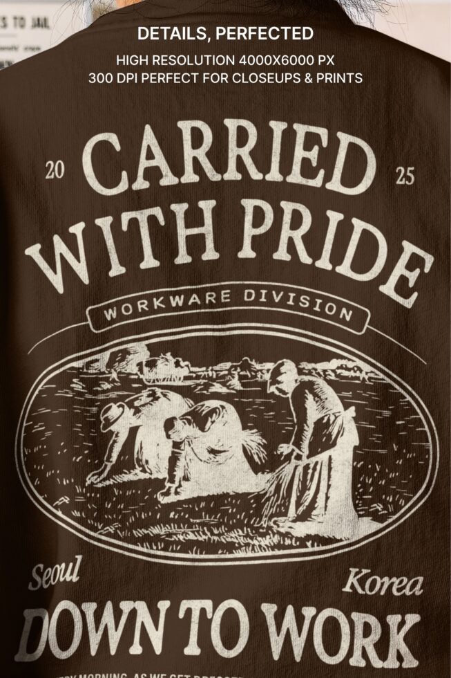 Brown jacket back view showing Carried With Pride workwear graphic design