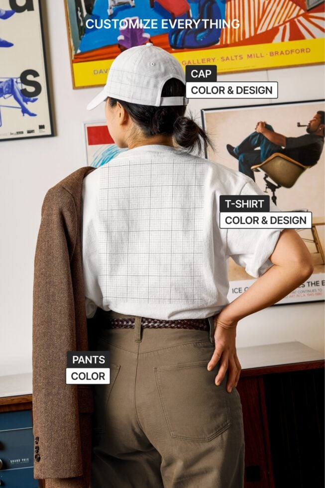 Person wearing white cap, white t-shirt, tan pants, brown cardigan in gallery setting with customizable labels on each piece