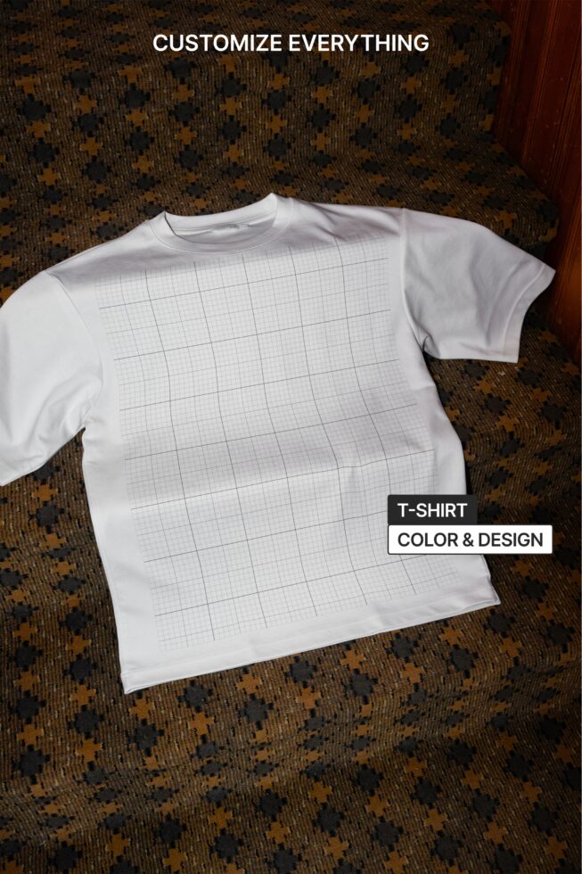 White crewneck tee with grid print layout on textured patterned background