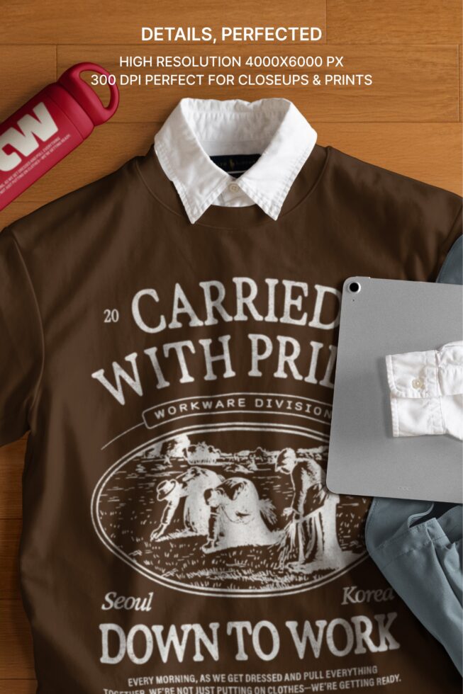Brown collared shirt with vintage workwear graphic, white collar, styled flat lay