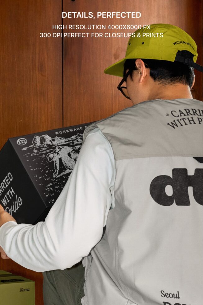Person wearing lime green cap, white long-sleeve shirt, beige vest with graphic design