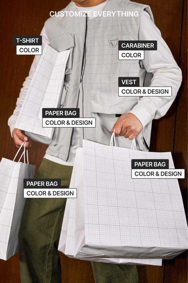 Beige vest, white long sleeve shirt, multiple paper bags with customizable colors displayed on model