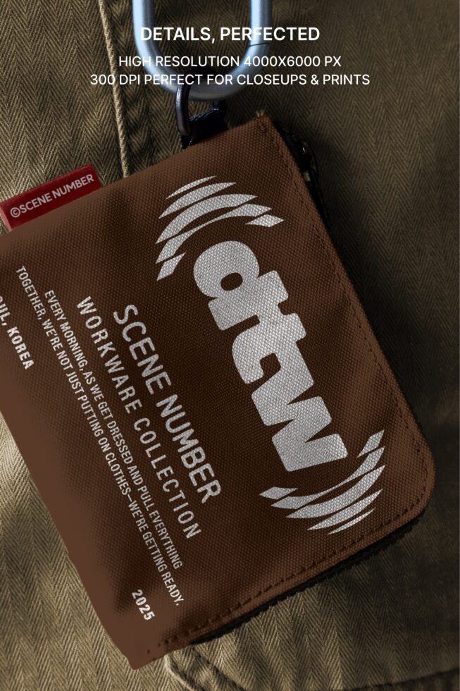 Brown fabric luggage tag with white embossed logo on tweed fabric
