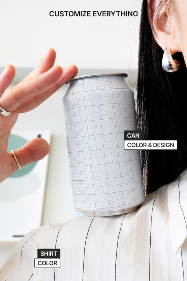 Blank can mockup being held by person wearing pinstriped shirt