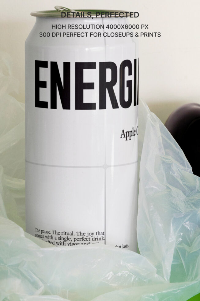Single white aluminum can with black ENERGIA text wrapped in translucent plastic