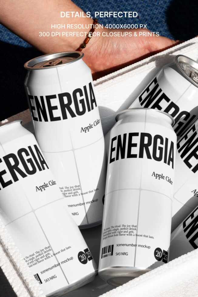 Multiple white cans with ENERGIA branding held by hands showing detailed label design