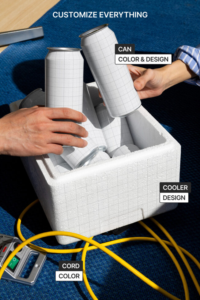 Two blank cans in cooler with yellow cord, editable can plus cooler design elements