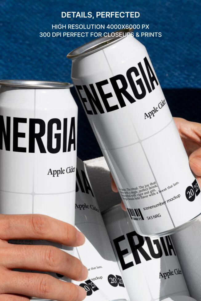 Two hands holding white aluminum cans with black ENERGIA text on blue background