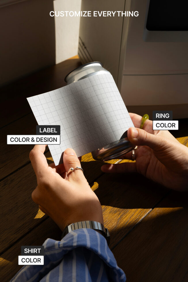 Hands holding white can label mockup with customizable label design, ring color, shirt color options