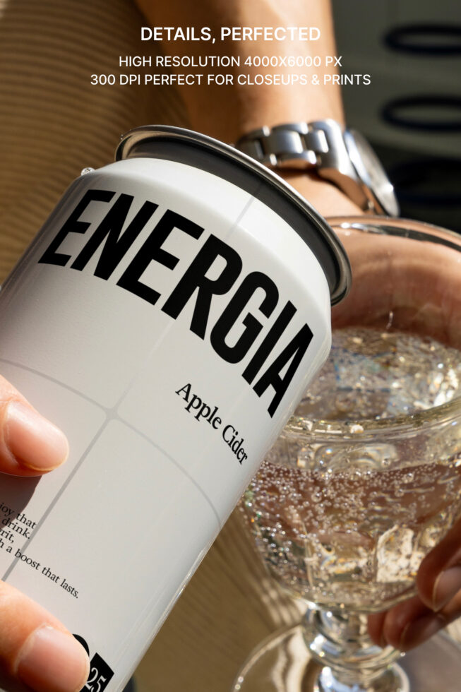 Close-up of white aluminum can label with detailed product design mockup shot