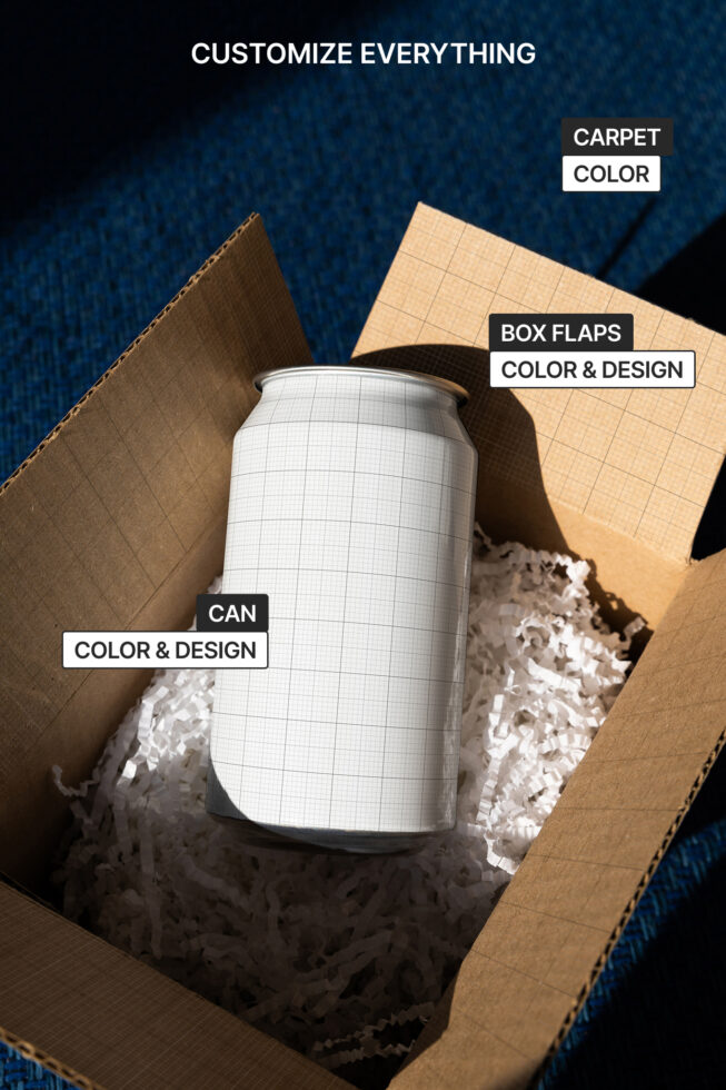 Soda can mockup in shipping box with editable label, flaps, carpet