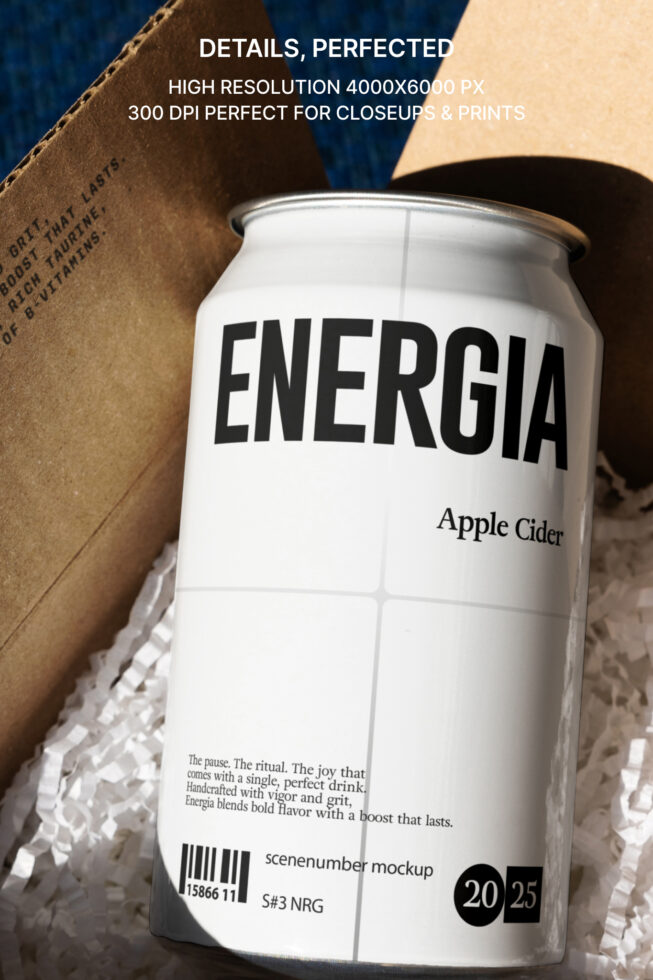 High-res closeup of Energia apple cider can next to kraft box on textured ground
