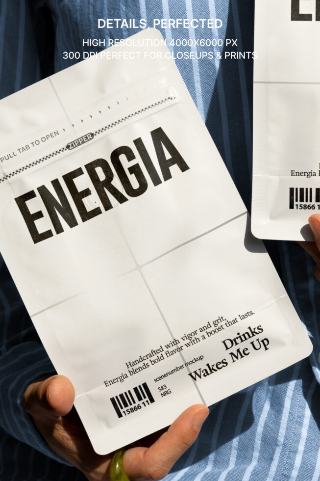 Zipped white pouch mockup with bold Energia text held over striped shirt fabric