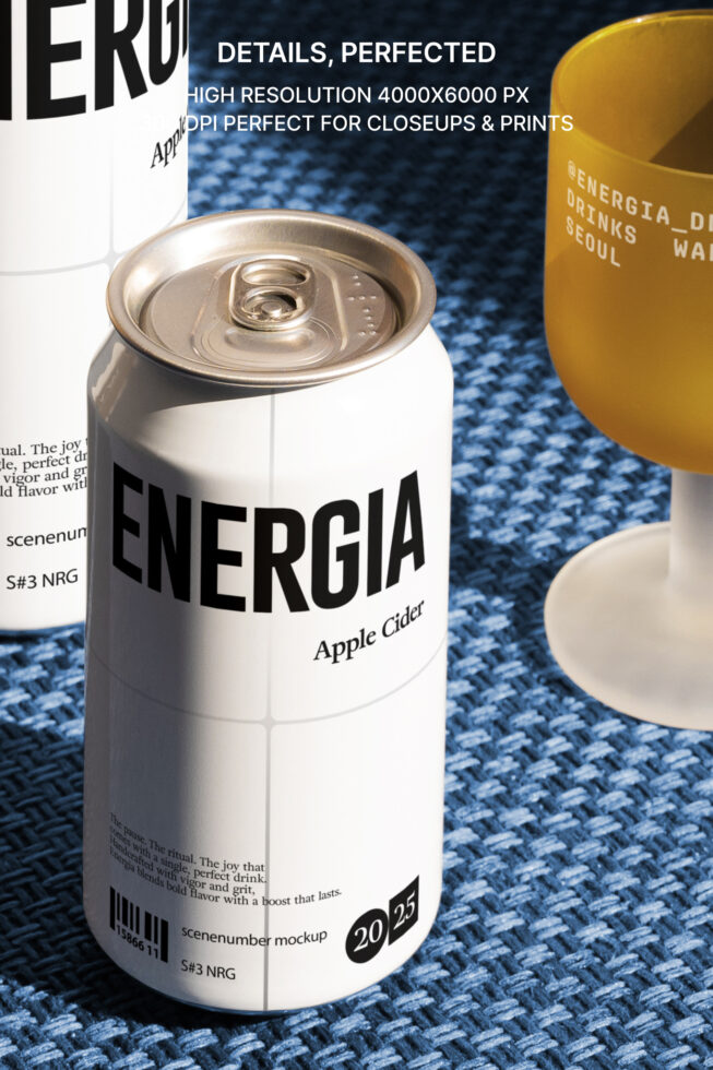 Detailed shot of Energia apple cider can with tab open, surrounding beverages visible