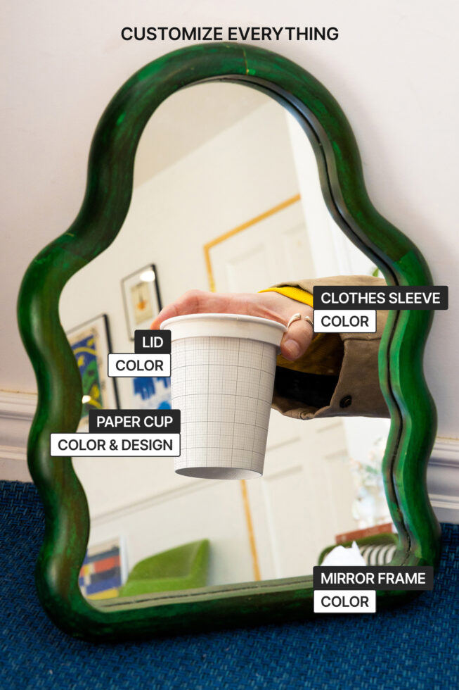Green wavy mirror frame reflecting Energia cup with customization labels shown