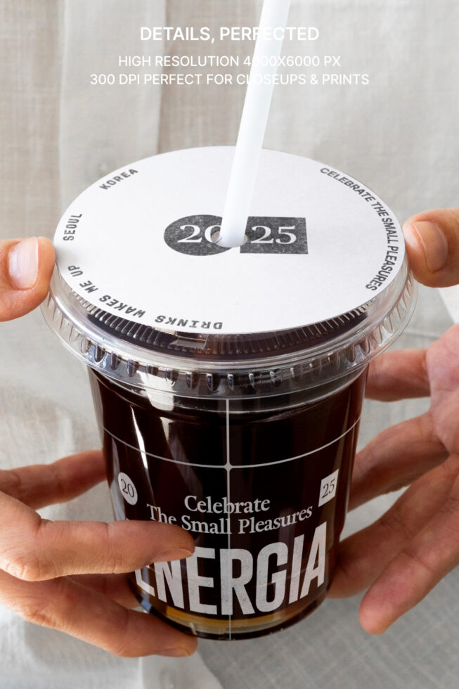 Hands holding iced drink with white lid showing customizable date design 20-25