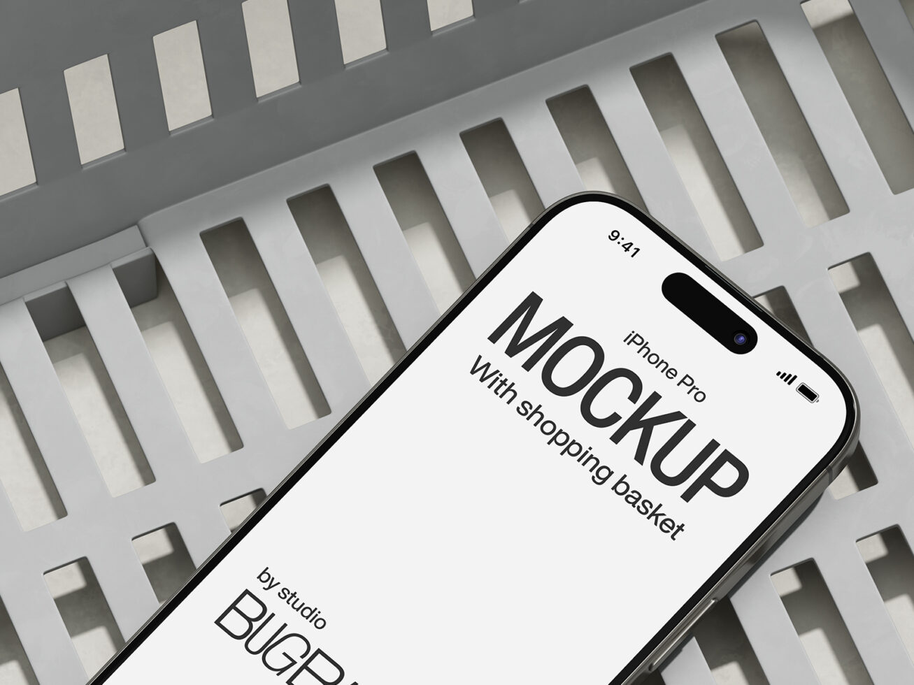 iPhone Pro sitting on light grey louvered background, shopping basket mockup display