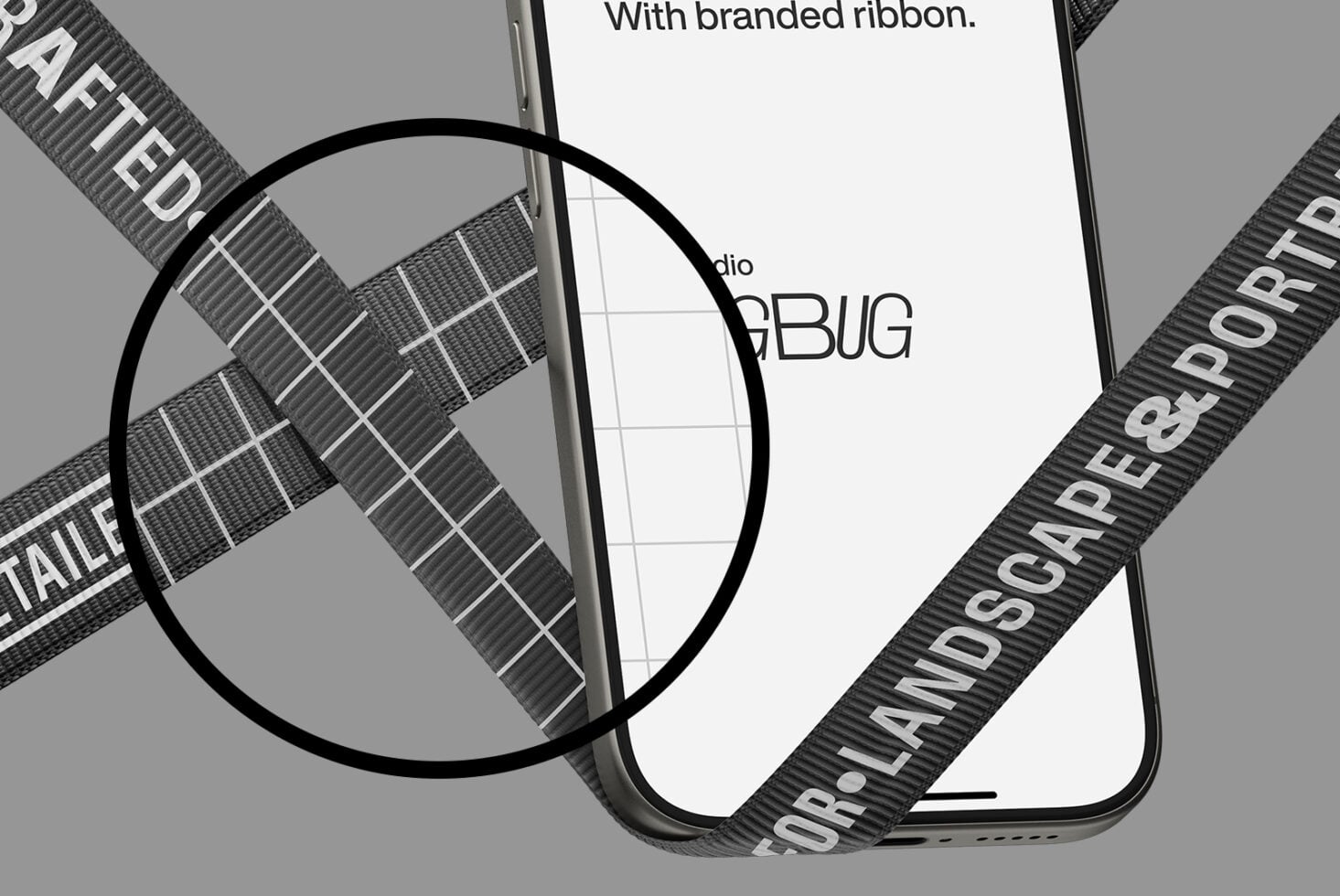 iPhone Pro mockup with branded ribbon, magnifying glass detail view
