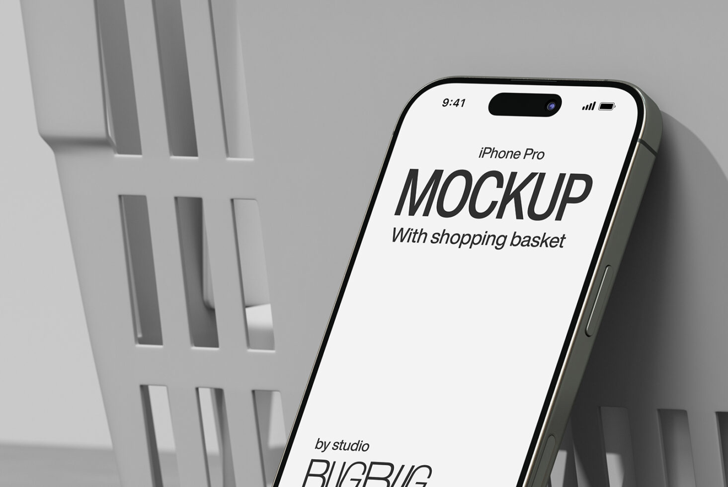 iPhone Pro mockup displayed at angle near geometric white shopping basket