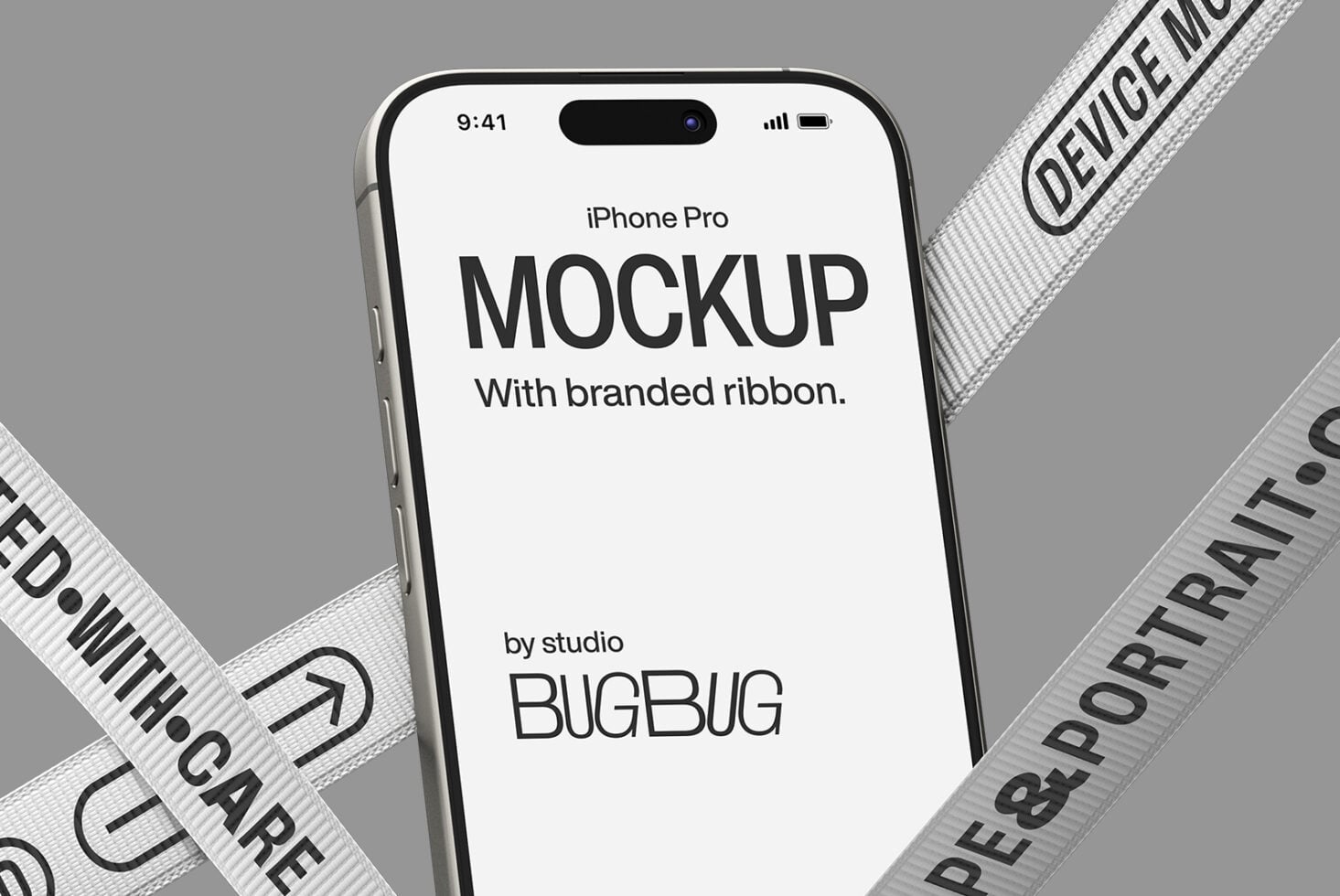 iPhone Pro mockup centered with diagonal branded ribbons crossing over
