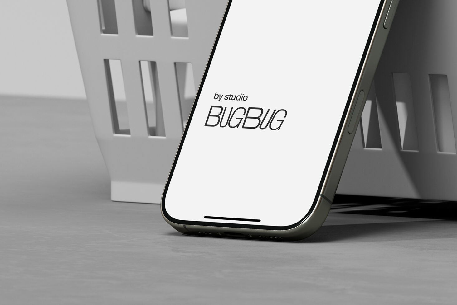 iPhone Pro device mockup tilted with shopping basket in background soft light