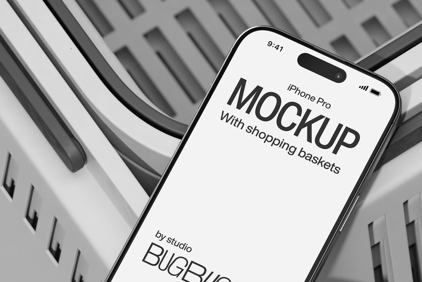 iPhone Pro mockup on neutral gray geometric background with dark shopping baskets