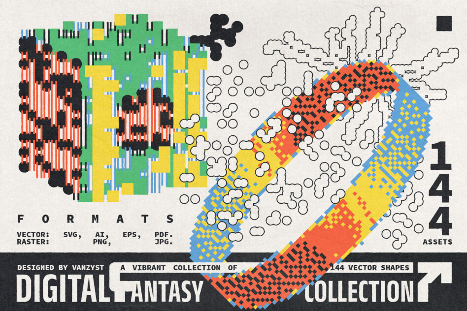 Digital fantasy collection showing cityscape on left with patterned landscape ribbon on right, 144 shapes