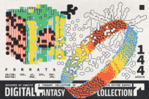 Digital fantasy collection showing cityscape on left with patterned landscape ribbon on right, 144 shapes