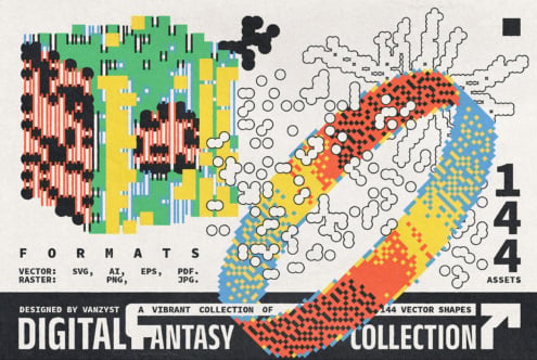 Digital fantasy collection showing cityscape on left with patterned landscape ribbon on right, 144 shapes