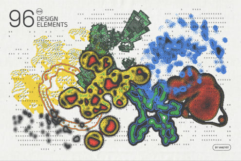 96 pixelated graphic shapes in yellow, green, blue, red in scattered layout