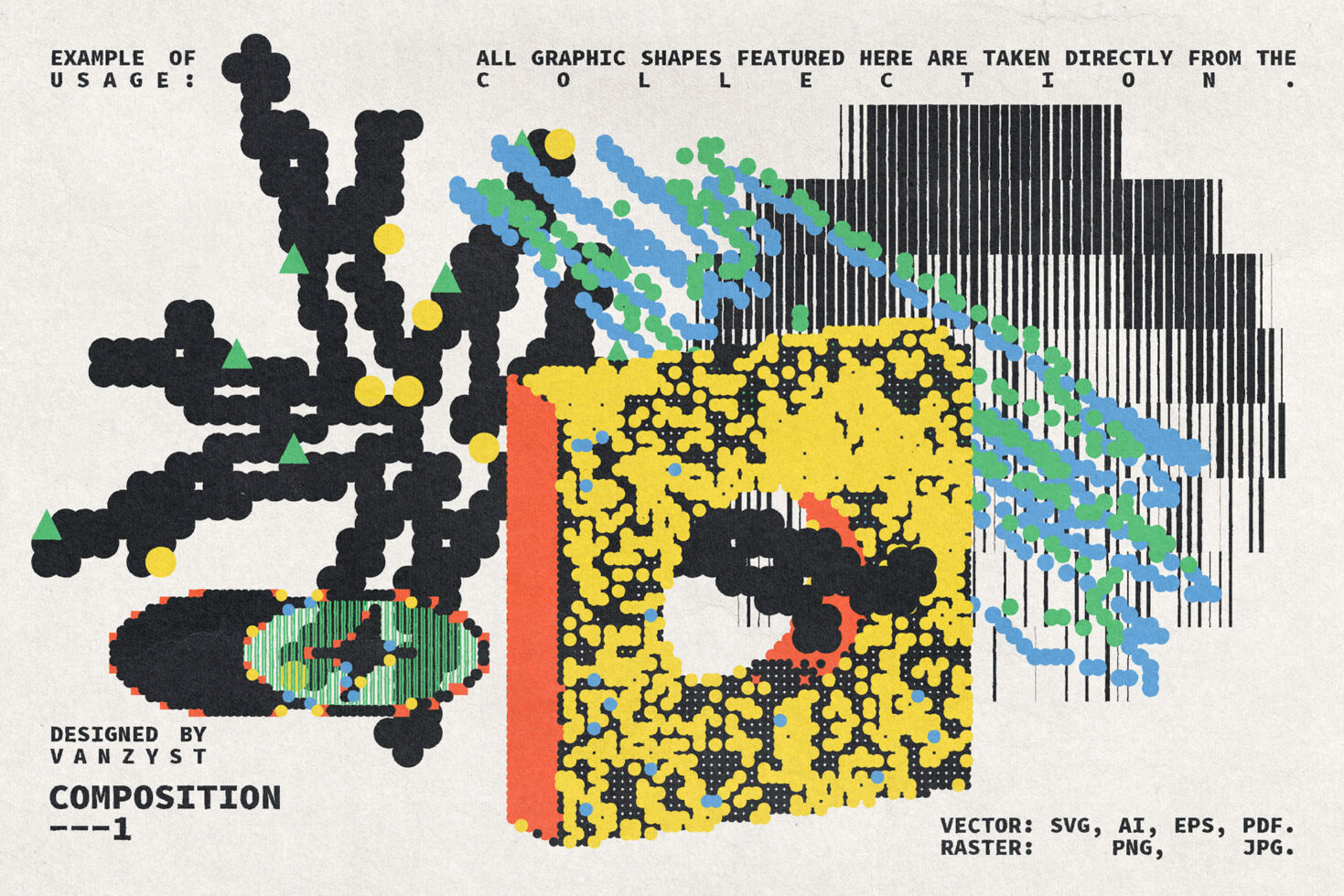Stylized composition blending abstract pixel forms, dotted patterns, lined shapes in bold primary colors