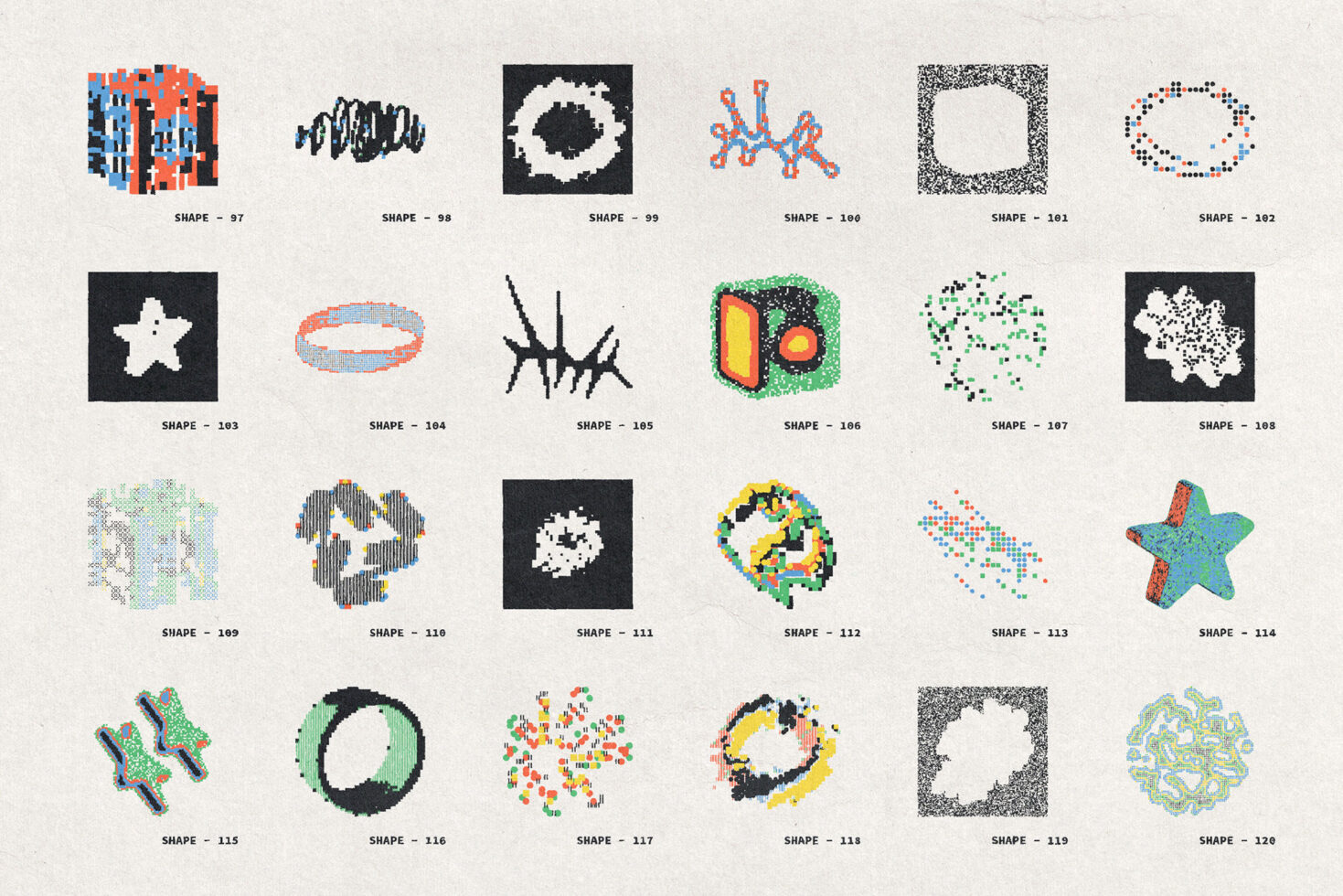 24 minimalist shapes mixing pixelated, dotted, line drawn design elements