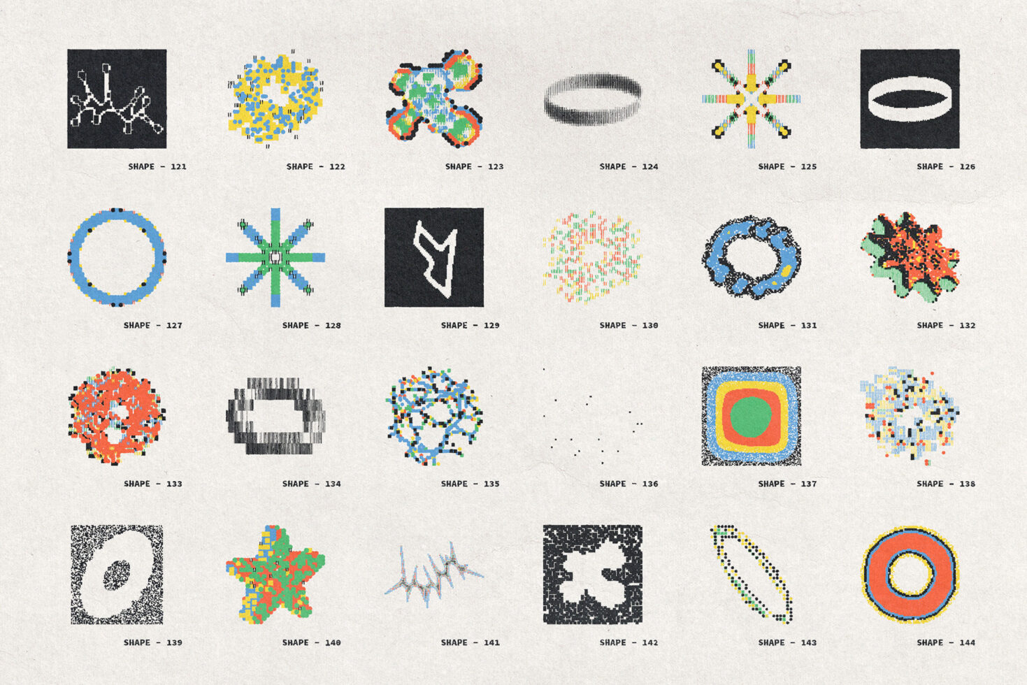 24 experimental shapes with dotted fills, lines, pixels, mixed rendering styles
