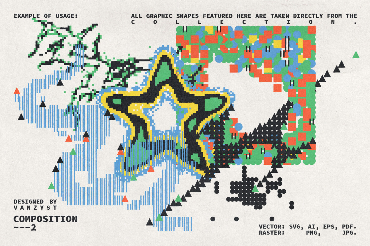 Map of USA filled with varied geometric patterns including pixels, lines, triangles, mostly bright colors