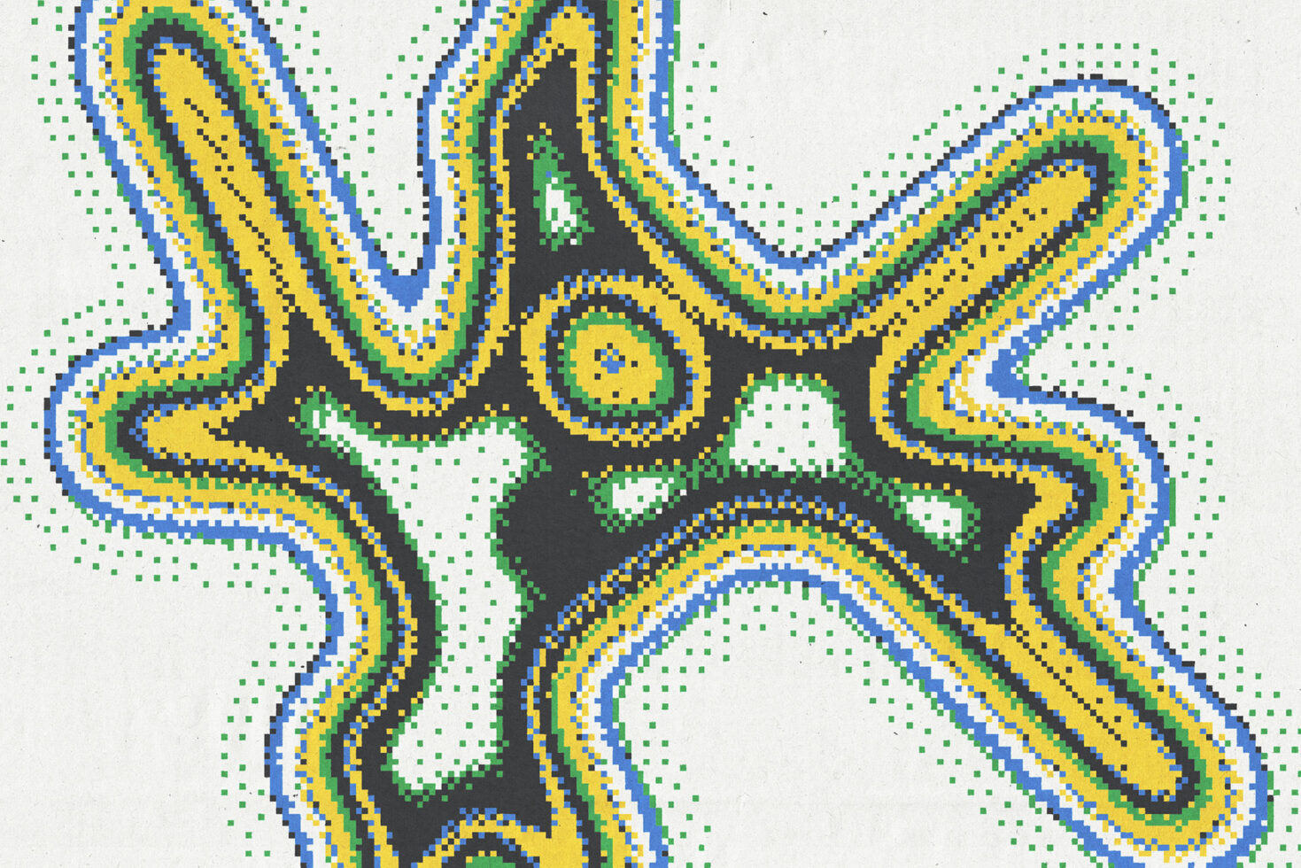 Pixelated wavy form with yellow blue green striped layers on dark background