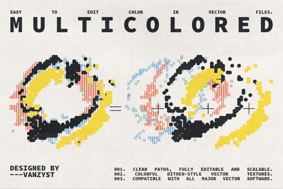 Colorful vector shapes with wavy patterns in black, yellow, blue, red showing color variations