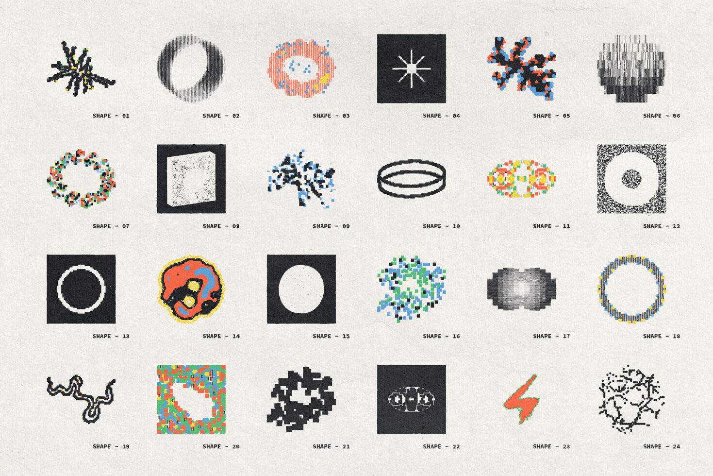 Grid of 24 abstract geometric shapes in various styles including pixelated, dotted, striped textures