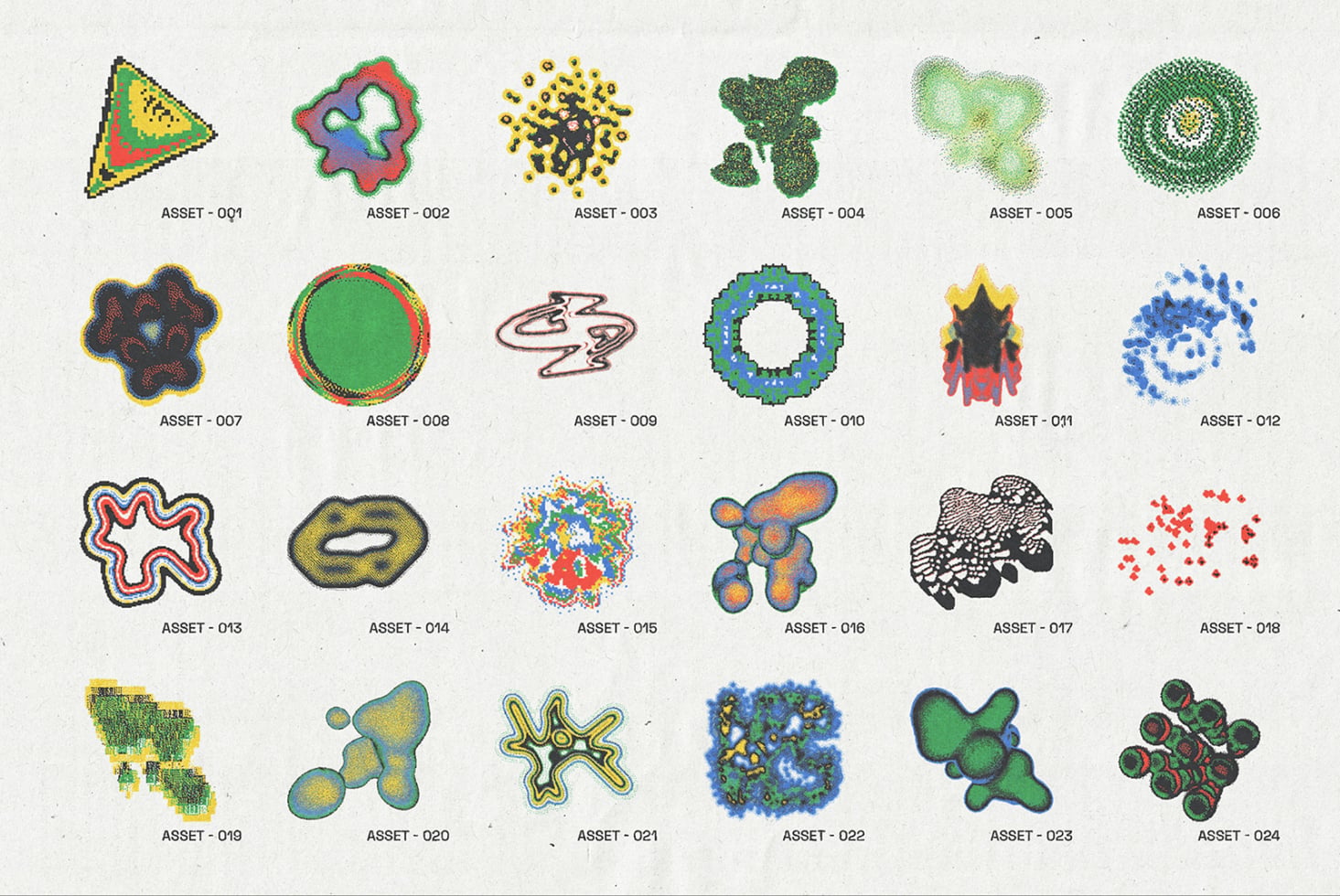 24 colorful abstract assets with dotted textures, geometric forms, organic blobs