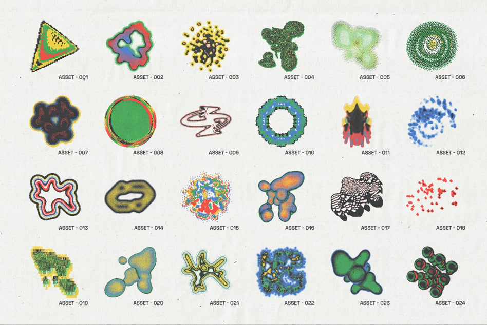 24 colorful abstract assets with dotted textures, geometric forms, organic blobs