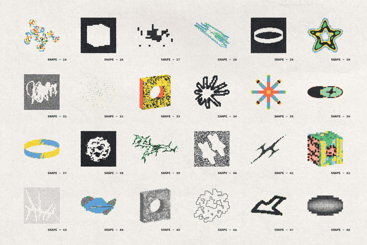 24 experimental shapes with pixelated, textured, dotted, line rendering styles