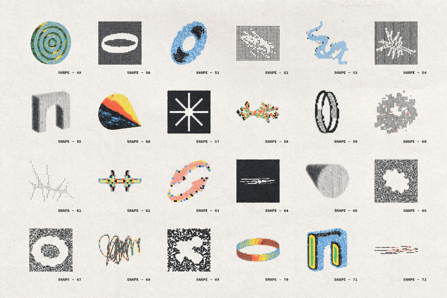 24 graphic shapes combining textures, circles, organic forms, line work