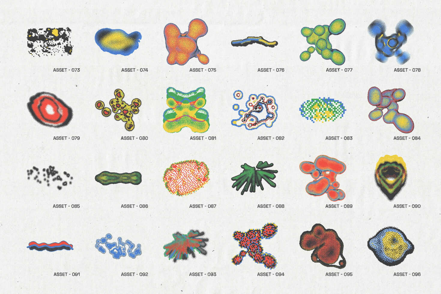 Grid of colorful abstract organism shapes numbered as asset pack items from 073 to 096