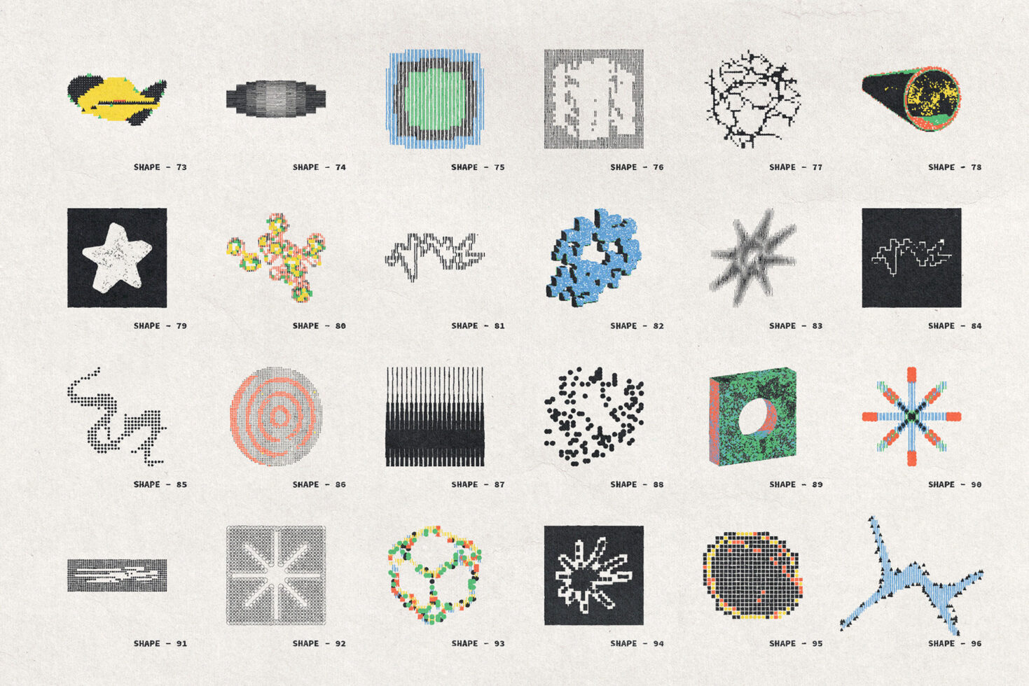 24 abstract shapes with varied textures, dots, lines, pixels, filled patterns