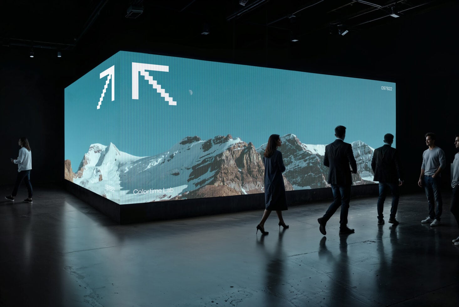 Silhouettes walking before neon gradient wall showing Colortime Lab text