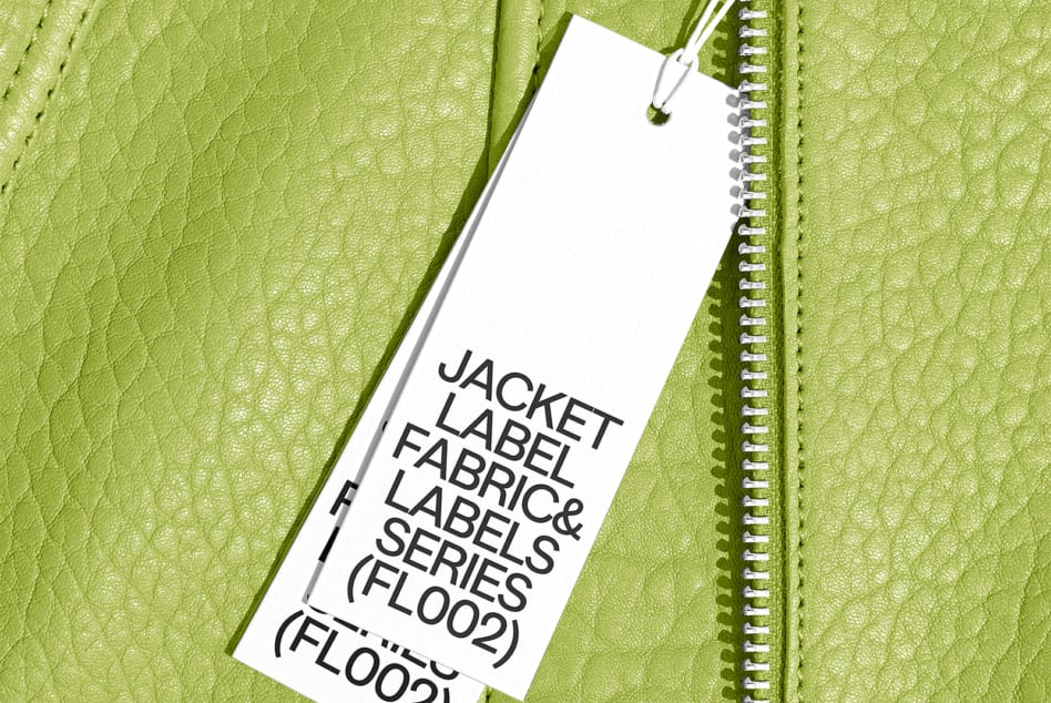 White hang tag on lime green textured leather jacket with spiral notebook